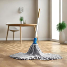 A high-quality digital art image depicting a mop with a cloth in a dining room setting