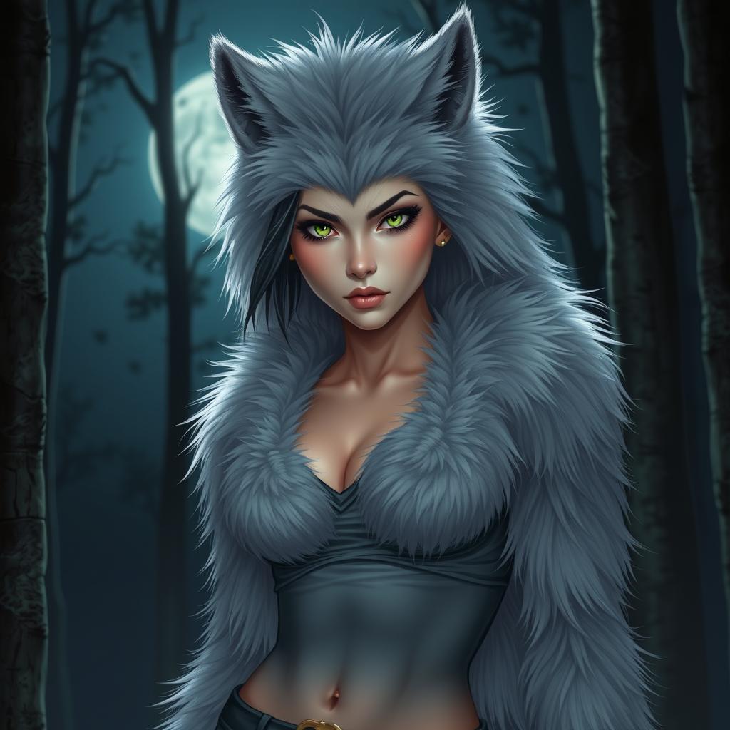 A captivating young female werewolf, transformed from a youthful figure, with fluffy soft fur covering her entire body