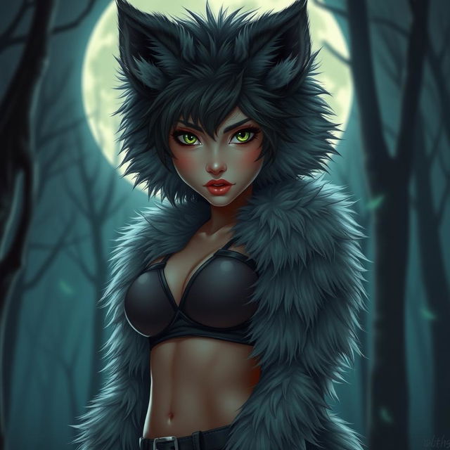 A captivating young female werewolf, transformed from a youthful figure, with fluffy soft fur covering her entire body