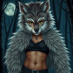 A captivating young female werewolf, transformed from a youthful figure, with fluffy soft fur covering her entire body