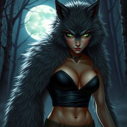 A captivating young female werewolf, transformed from a youthful figure, with fluffy soft fur covering her entire body