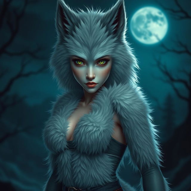A striking female werewolf with fluffy soft fur covering her body, transformed from a young figure