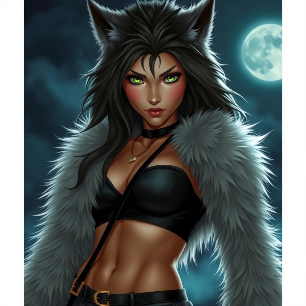 A striking female werewolf with fluffy soft fur covering her body, transformed from a young figure