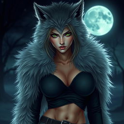 A striking female werewolf with fluffy soft fur covering her body, transformed from a young figure