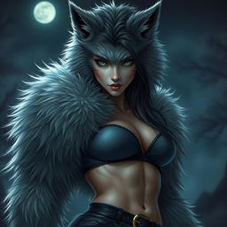 A striking female werewolf with fluffy soft fur covering her body, transformed from a young figure