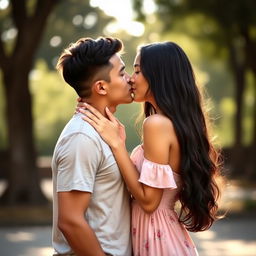 A beautiful girl with long black hair leaning in to kiss a handsome guy