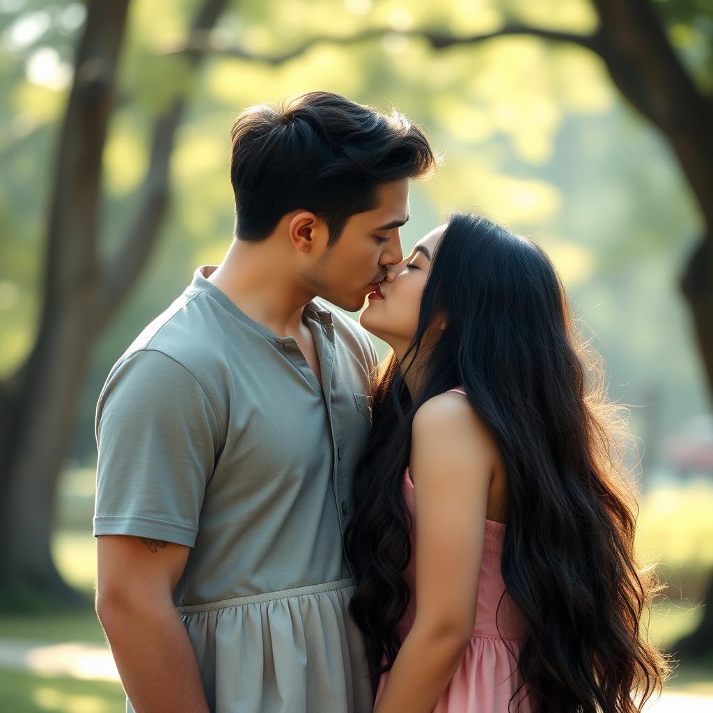 A beautiful girl with long black hair leaning in to kiss a handsome guy
