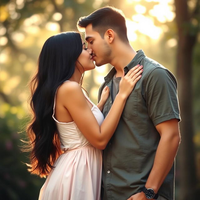 A beautiful girl with long black hair leaning in to kiss a handsome guy