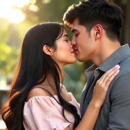 A beautiful girl with long black hair leaning in to kiss a handsome guy