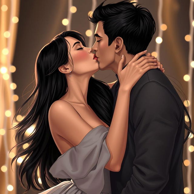 A beautiful girl with long, flowing black hair leaning in passionately for a deep kiss with a handsome guy