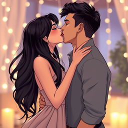 A beautiful girl with long, flowing black hair leaning in passionately for a deep kiss with a handsome guy