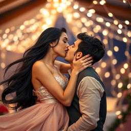 A beautiful girl with long, flowing black hair leaning in passionately for a deep kiss with a handsome guy