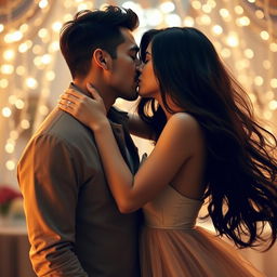 A beautiful girl with long, flowing black hair leaning in passionately for a deep kiss with a handsome guy