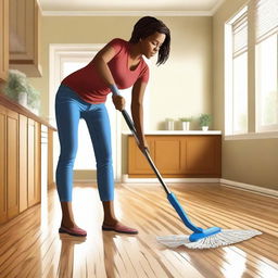 A high-quality digital art image depicting a woman mopping the floor in a dining room setting