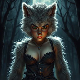 A striking transformation of a young 13-year-old boy with green eyes into a hot female werewolf