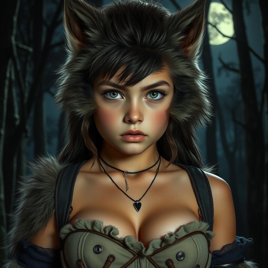 A striking transformation of a young 13-year-old boy with green eyes into a hot female werewolf