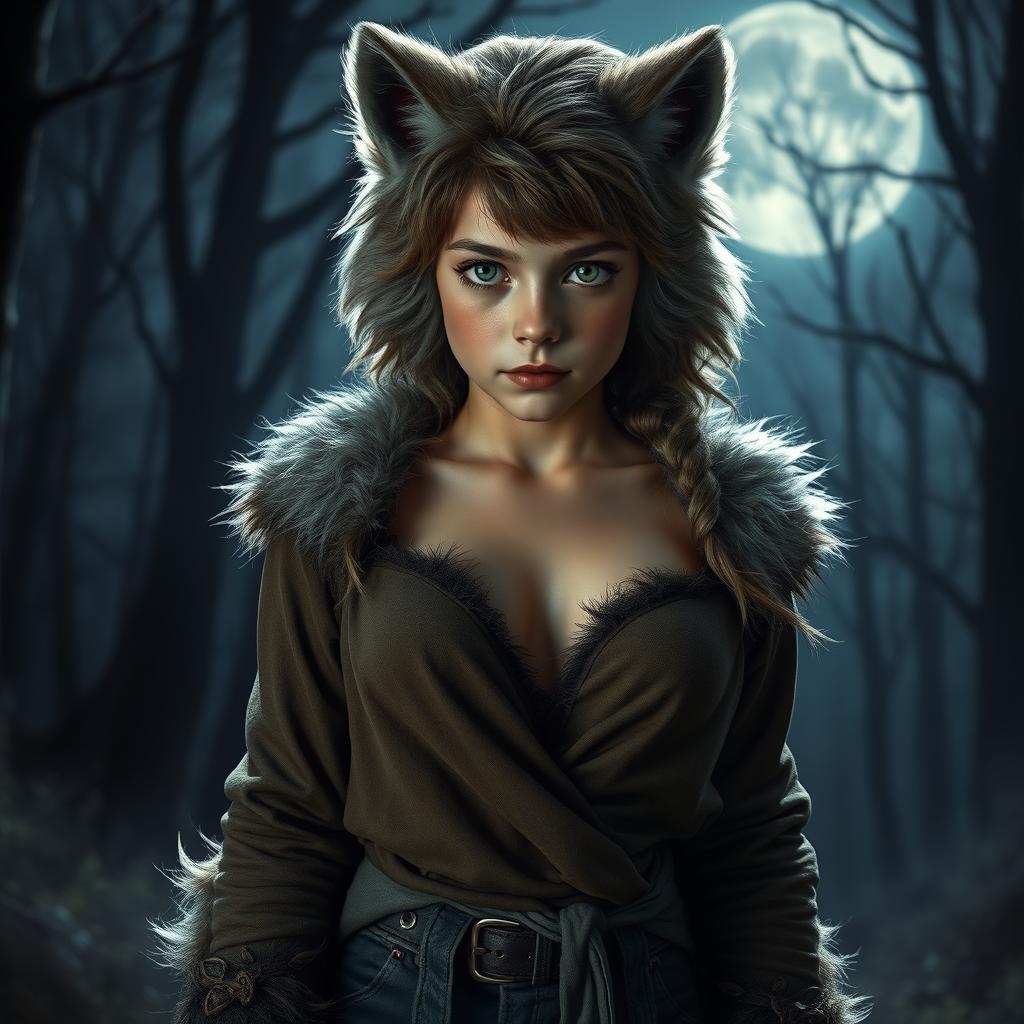 A striking transformation of a young boy with green eyes into a hot female werewolf