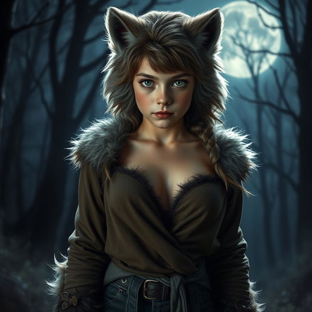 A striking transformation of a young boy with green eyes into a hot female werewolf