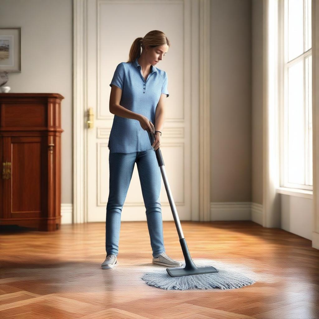 A high-quality digital art image depicting a woman mopping the floor in a dining room setting