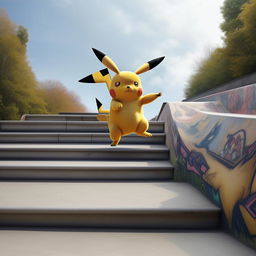 Pikachu performing a tre flip with a skateboard down an imposing stair set