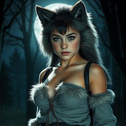 A striking transformation of a young boy with green eyes into a hot female werewolf