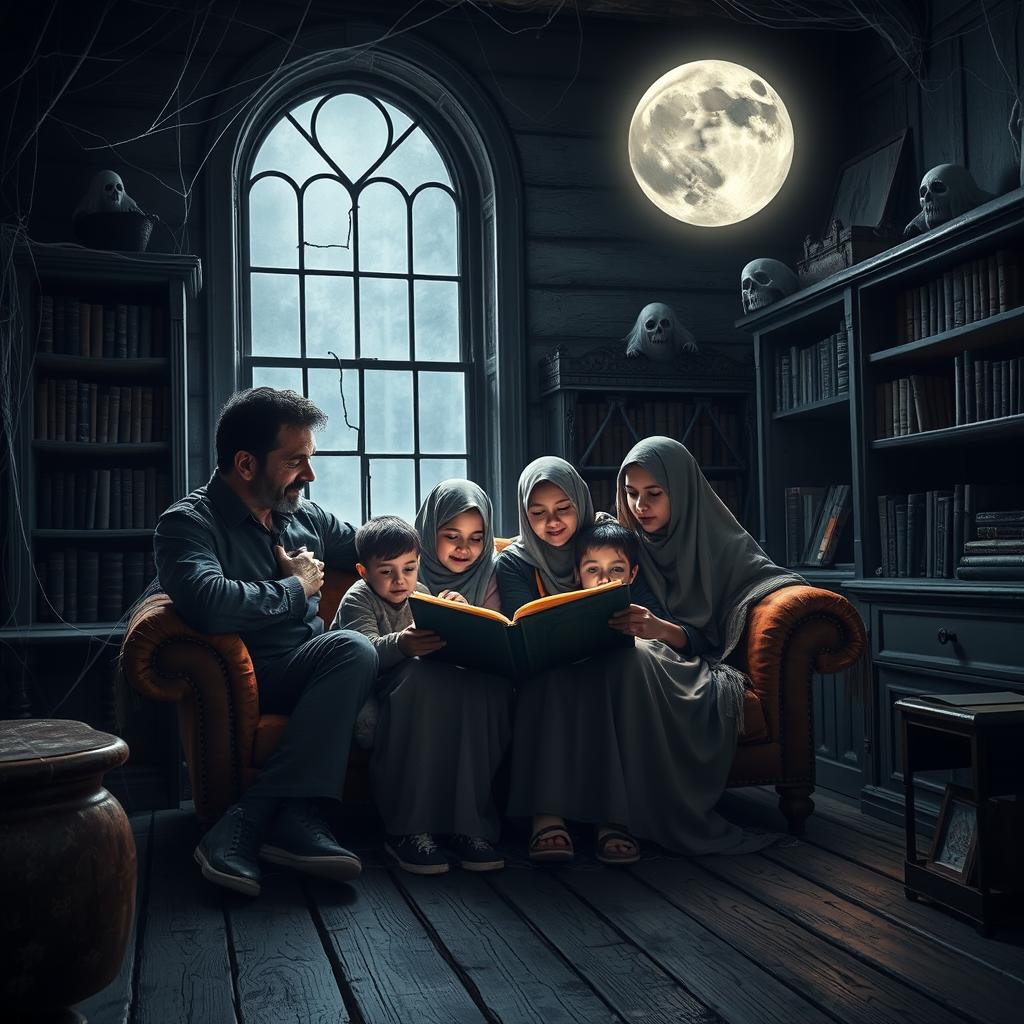 A family of four, including a father, mother, and two children, reading the Quran together in an old, spooky house with creaky wooden floors and dusty furniture