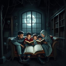 A family of four, including a father, mother, and two children, reading the Quran together in an old, spooky house with creaky wooden floors and dusty furniture