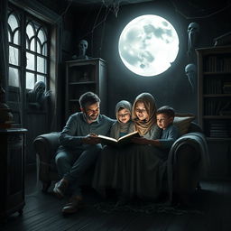 A family of four, including a father, mother, and two children, reading the Quran together in an old, spooky house with creaky wooden floors and dusty furniture