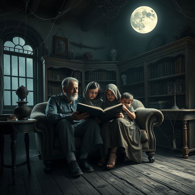 A family of four, including a father, mother, and two children, reading the Quran together in an old, spooky house with creaky wooden floors and dusty furniture