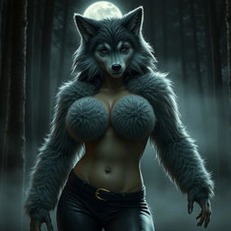 An incredibly attractive female werewolf with oversized breasts, embodying a fierce and captivating presence