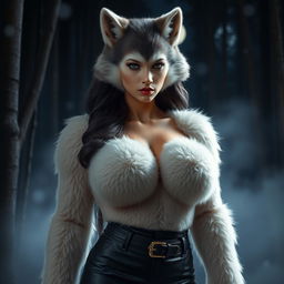 An incredibly attractive female werewolf with oversized breasts, embodying a fierce and captivating presence