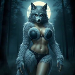 An incredibly attractive female werewolf with oversized breasts, embodying a fierce and captivating presence