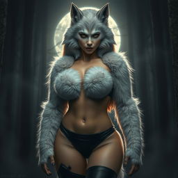 An incredibly attractive female werewolf with oversized breasts, embodying a fierce and captivating presence