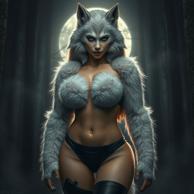 An incredibly attractive female werewolf with oversized breasts, embodying a fierce and captivating presence