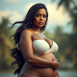 A mature Venezuelan woman with a curvy figure depicted in an elegant, tasteful pose