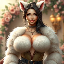 An exceptionally attractive female character with oversized breasts, exuding confidence and allure