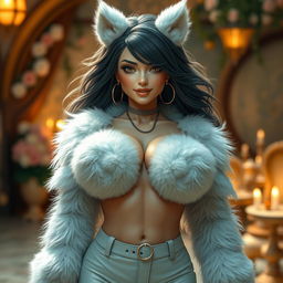 An exceptionally attractive female character with oversized breasts, exuding confidence and allure