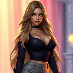 A captivating and attractive female character with long, flowing hair that glistens in the light