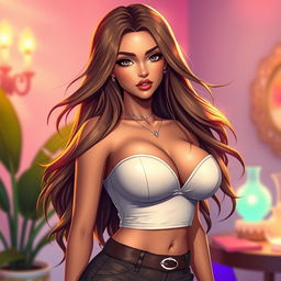A captivating and attractive female character with long, flowing hair that glistens in the light