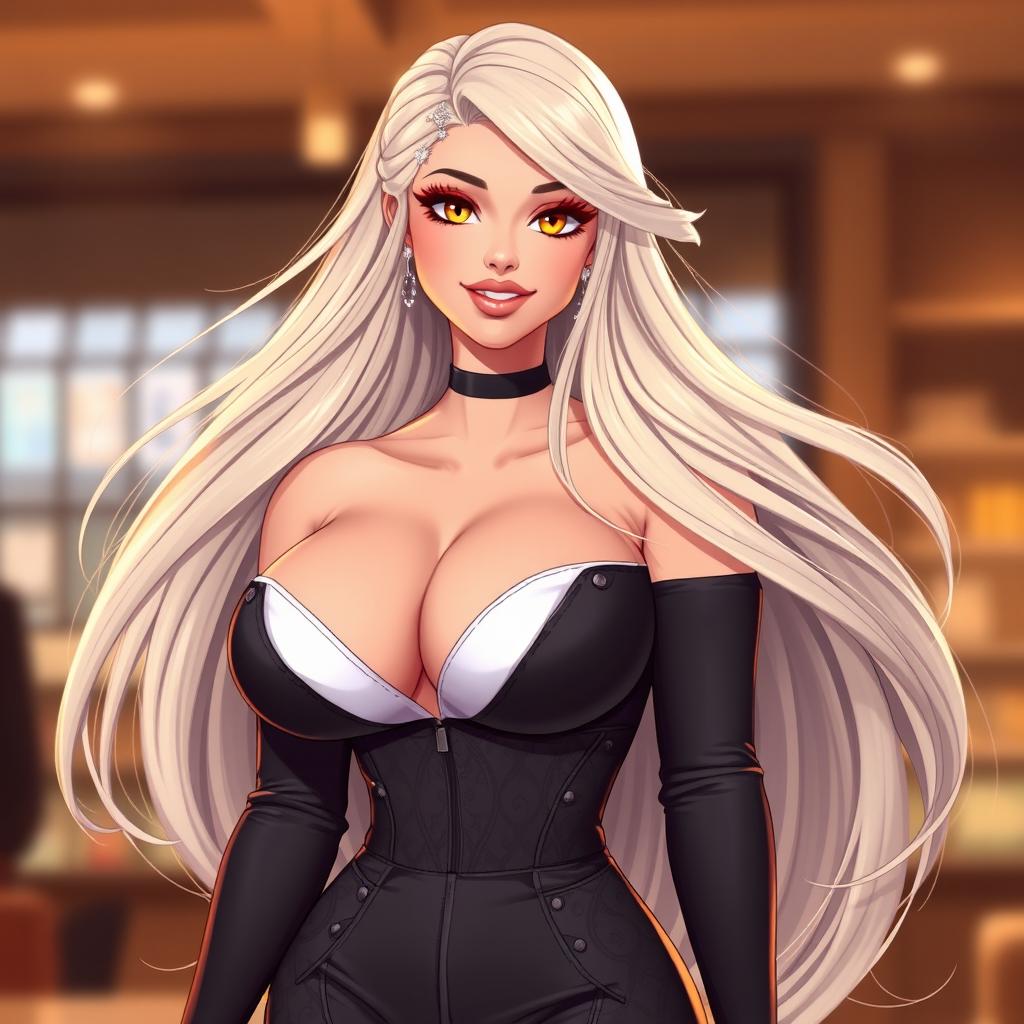 Transform this character into a beautiful female figure with long, flowing hair that elegantly cascades down her shoulders