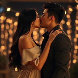 A beautiful girl with long, glossy black hair leaning in for a passionate deep kiss with a handsome guy