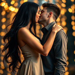 A beautiful girl with long, glossy black hair leaning in for a passionate deep kiss with a handsome guy