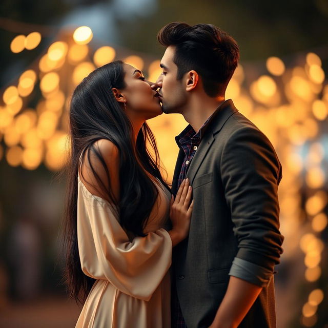 A beautiful girl with long, glossy black hair leaning in for a passionate deep kiss with a handsome guy