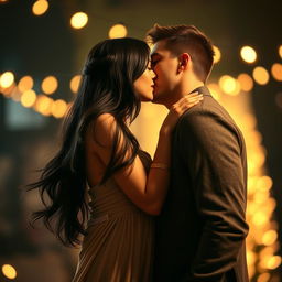 A beautiful girl with long, glossy black hair leaning in for a passionate deep kiss with a handsome guy