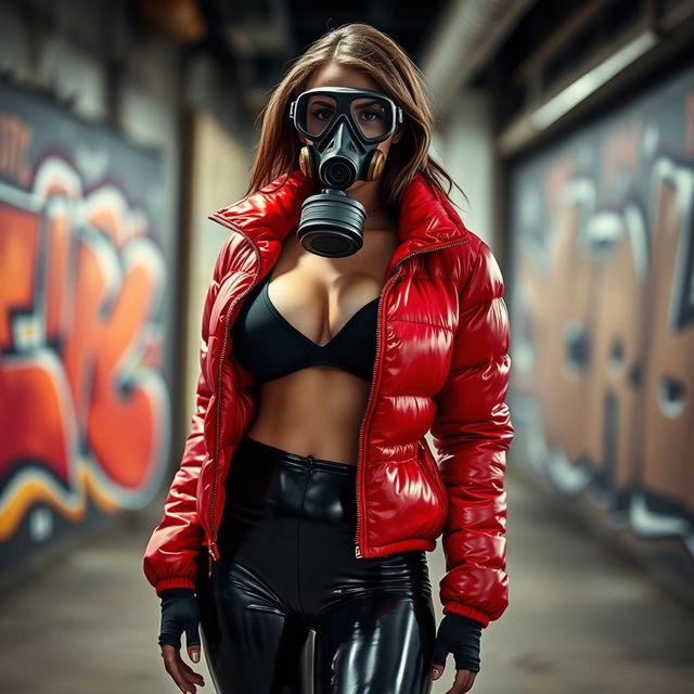 A hot slim woman with prominently large breasts, dressed in a shiny red tight puffer jacket that hugs her figure, complemented by form-fitting black latex leggings