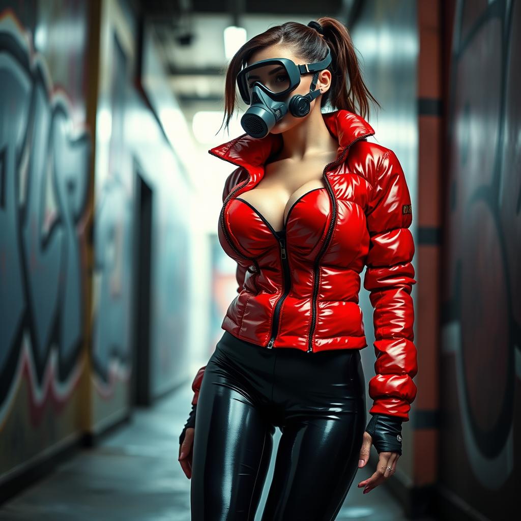 A hot slim woman with prominently large breasts, dressed in a shiny red tight puffer jacket that hugs her figure, complemented by form-fitting black latex leggings