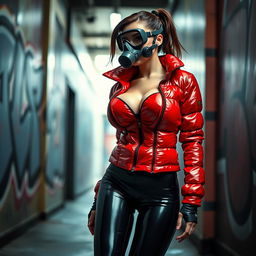A hot slim woman with prominently large breasts, dressed in a shiny red tight puffer jacket that hugs her figure, complemented by form-fitting black latex leggings