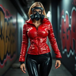 A hot slim woman with prominently large breasts, dressed in a shiny red tight puffer jacket that hugs her figure, complemented by form-fitting black latex leggings