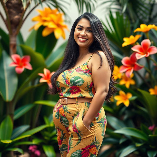 A full-body portrait of a mature Venezuelan woman with a curvy physique, standing confidently and smiling warmly