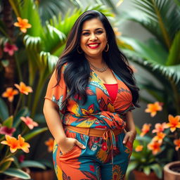 A full-body portrait of a mature Venezuelan woman with a curvy physique, standing confidently and smiling warmly